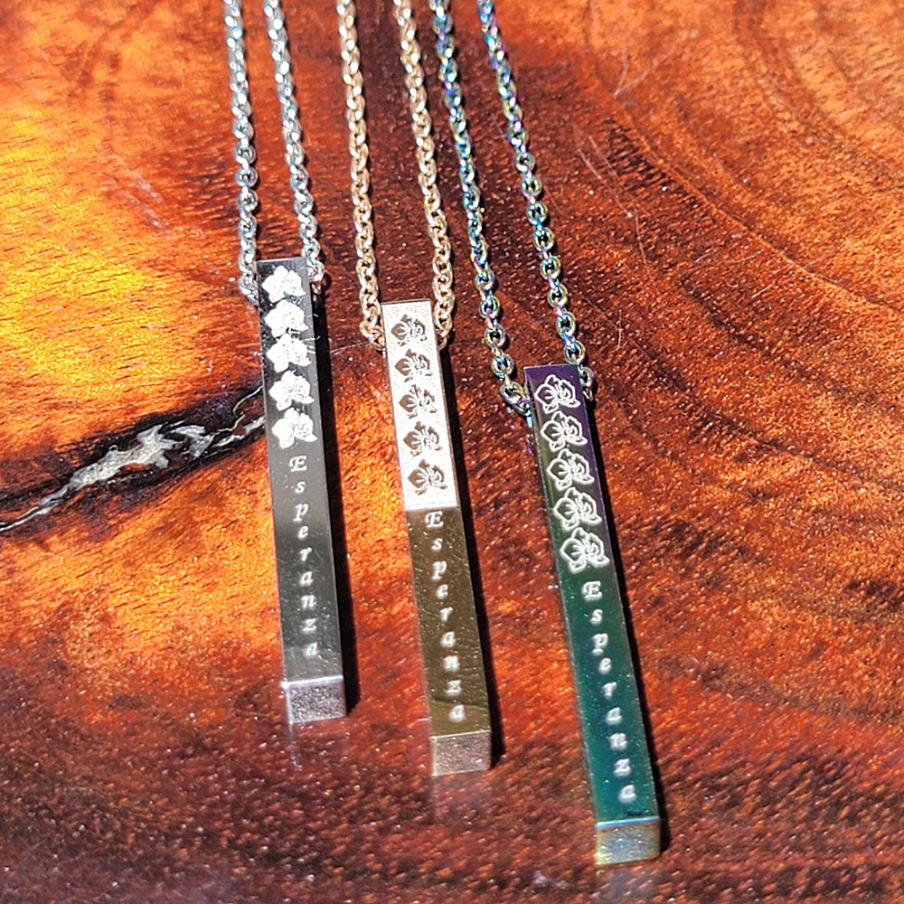 Vertical Bar Pendant engraved with orchid in stainless steel with custom engraving up to 11 characters
