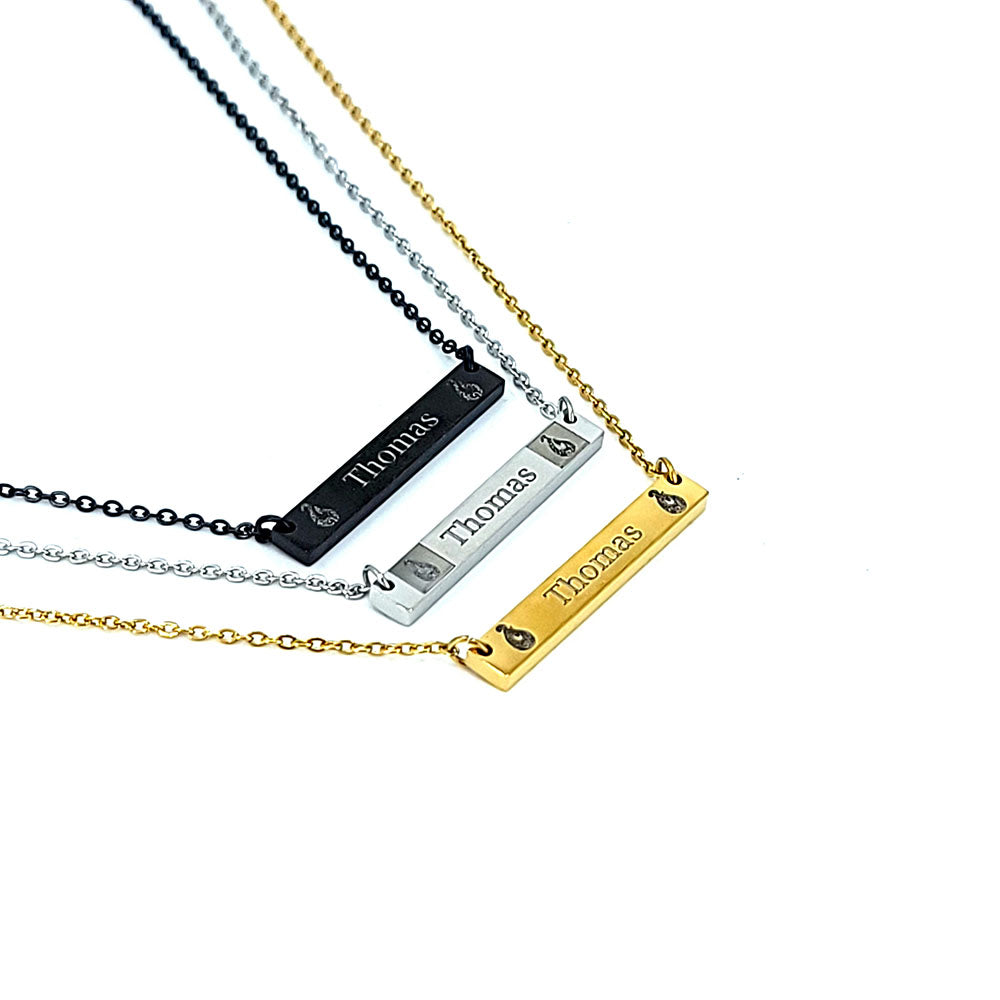 Makau tribal engraved horizontal bar pendant in stainless steel with customizable engraving up to 11 characters