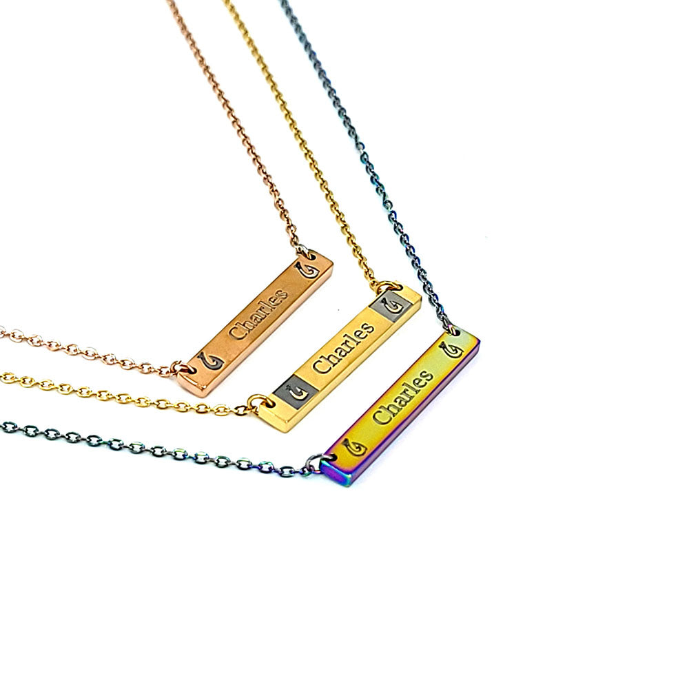 Makau engraved horizontal bar pendant in stainless steel with customizable text