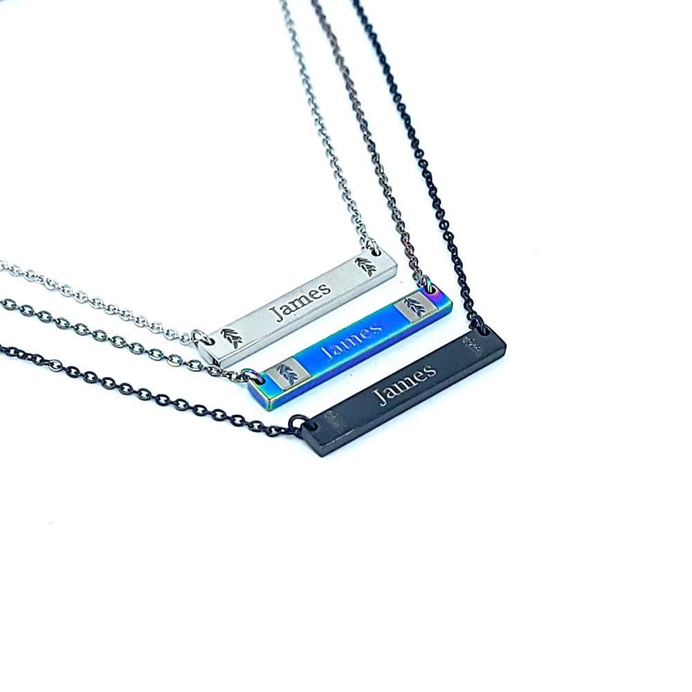 Maile leaf engraved horizontal bar pendant in stainless steel with customizable center engraving