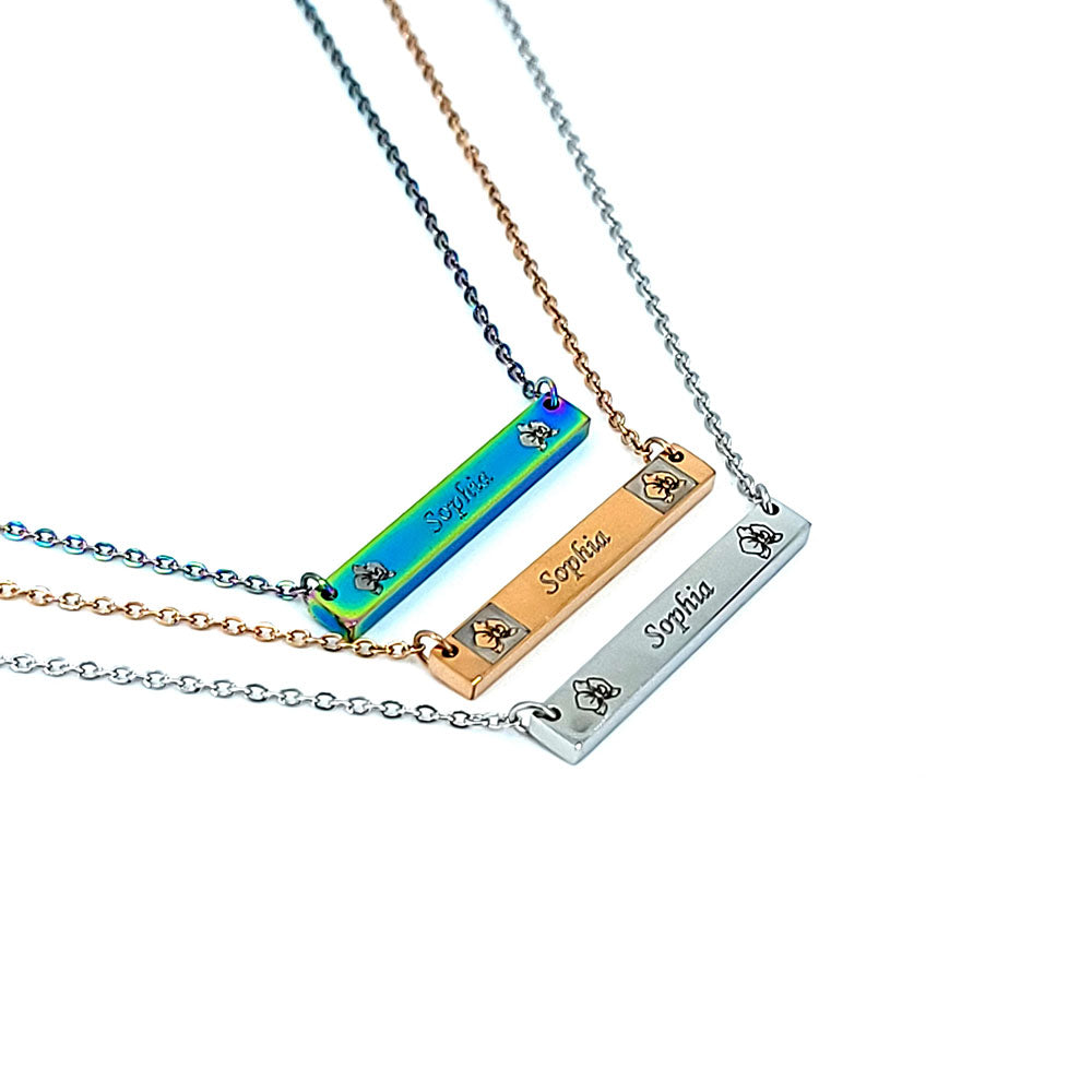 Personalized stainless steel bar pendant with orchid engraving and custom name engraving