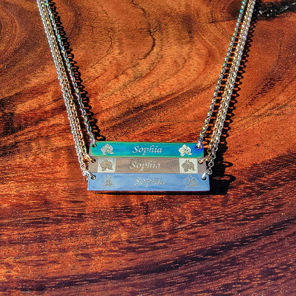 Personalized stainless steel bar pendant with orchid engraving and custom name engraving