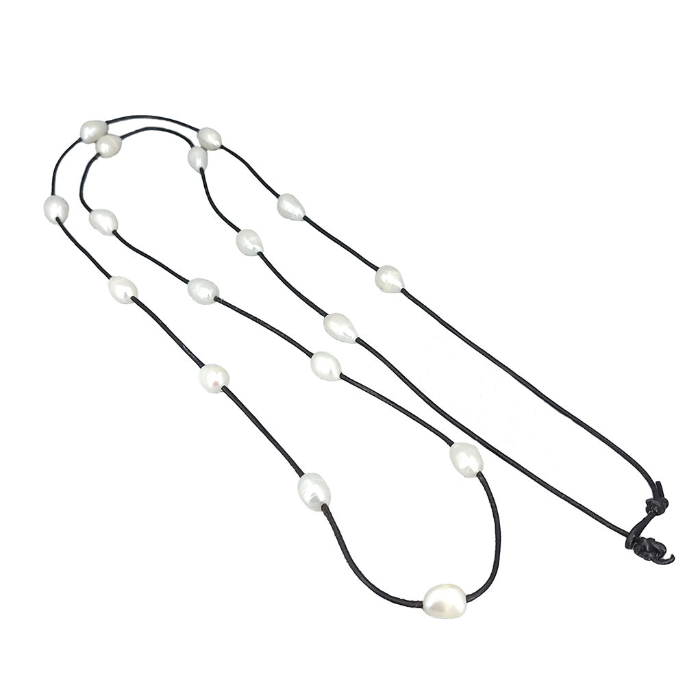 Leather Freshwater Pearl Station Necklace