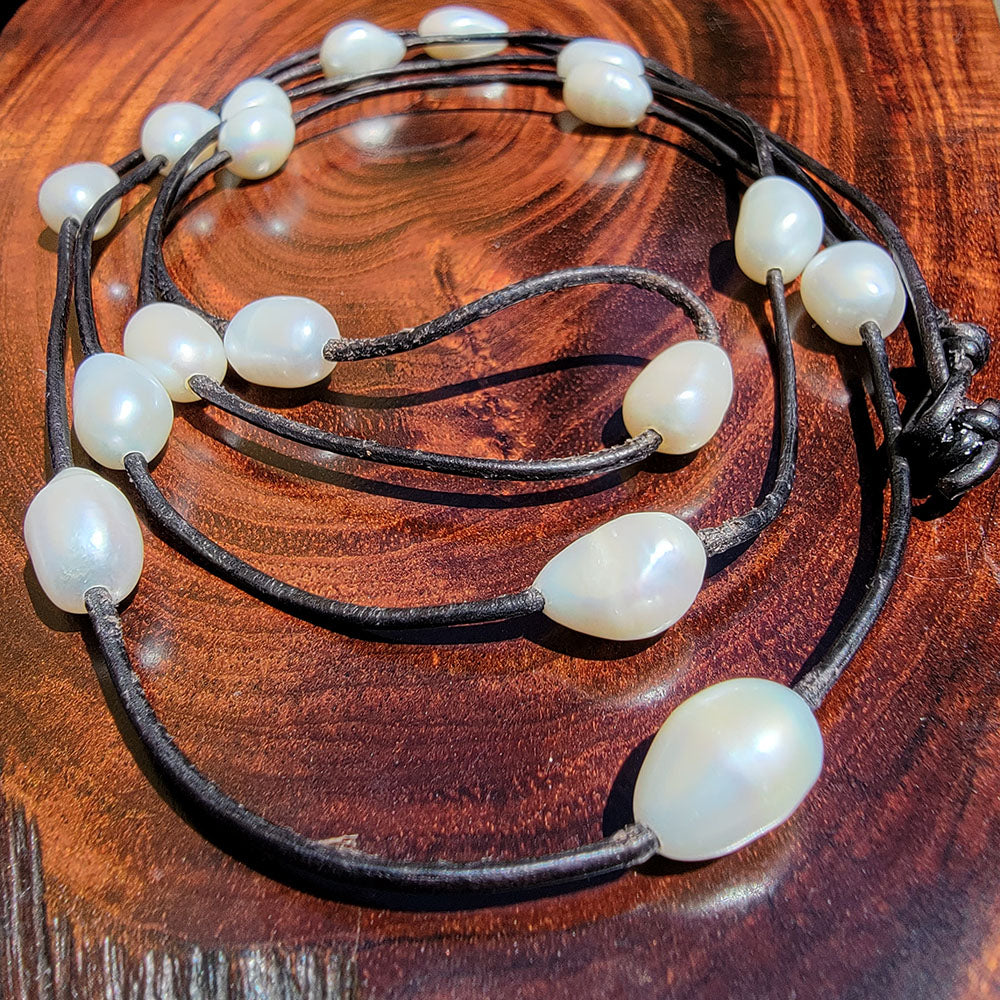 Leather Freshwater Pearl Station Necklace